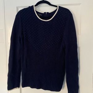 Navy blue textured sweater with a white rimmed collar and sleeves. Barely worn!